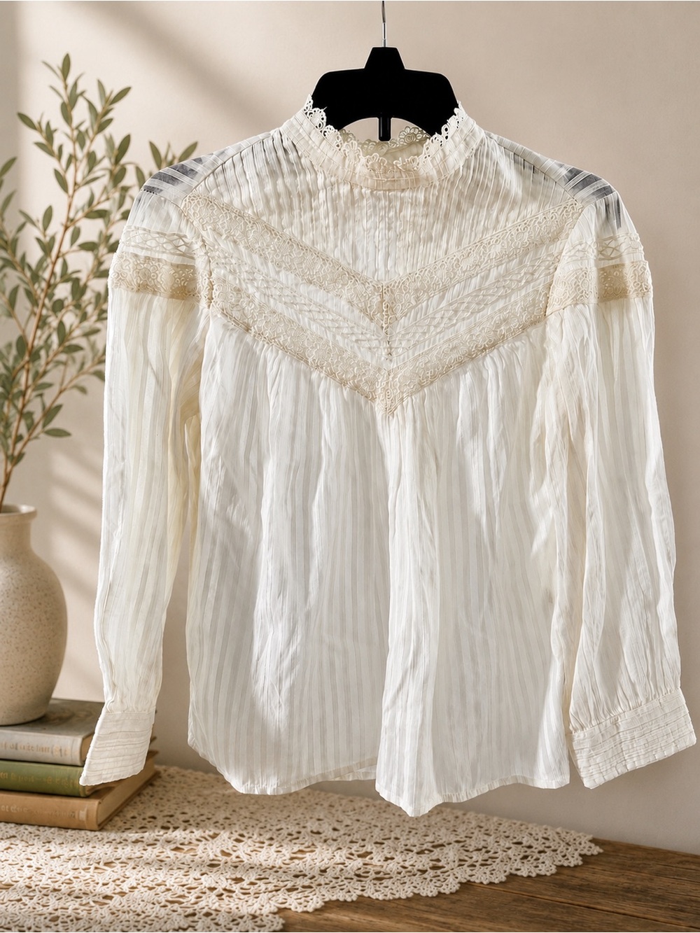 bohme Vintage Cream Lace-Trim Victorian-Inspired Blouse